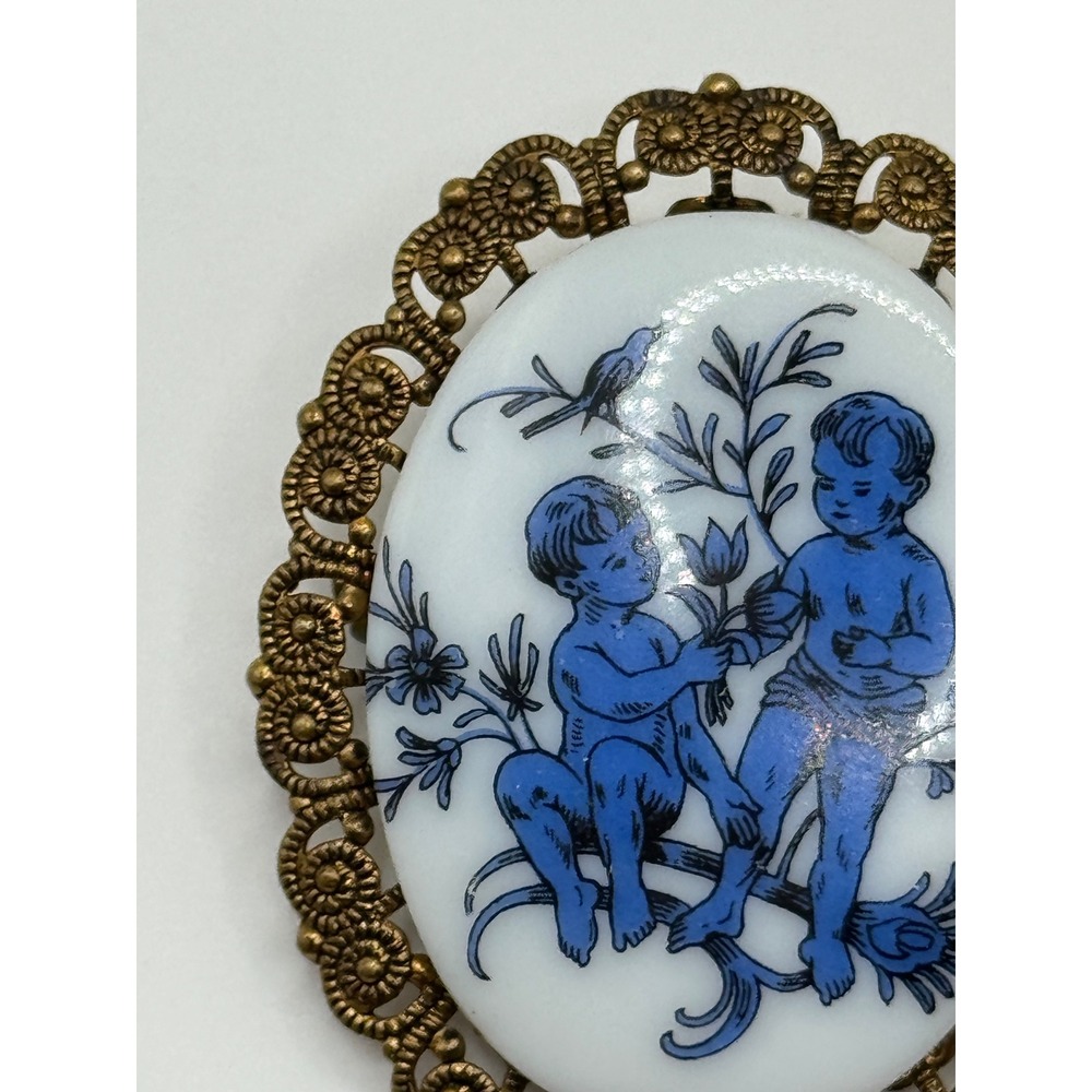 Vintage West Germany Brooch Blue and White Ceramic Cherub Pin - Picture 6 of 15